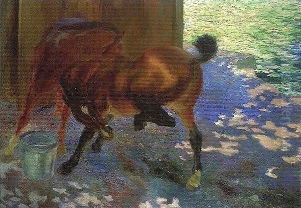Horses bitten by flies. Oil Painting by Paul-Albert Besnard