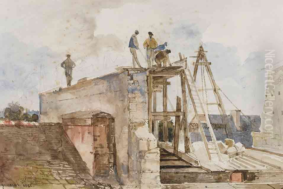 Travaux de construction sur un toit, vue d'une fenetre Oil Painting by Francois Marius Granet