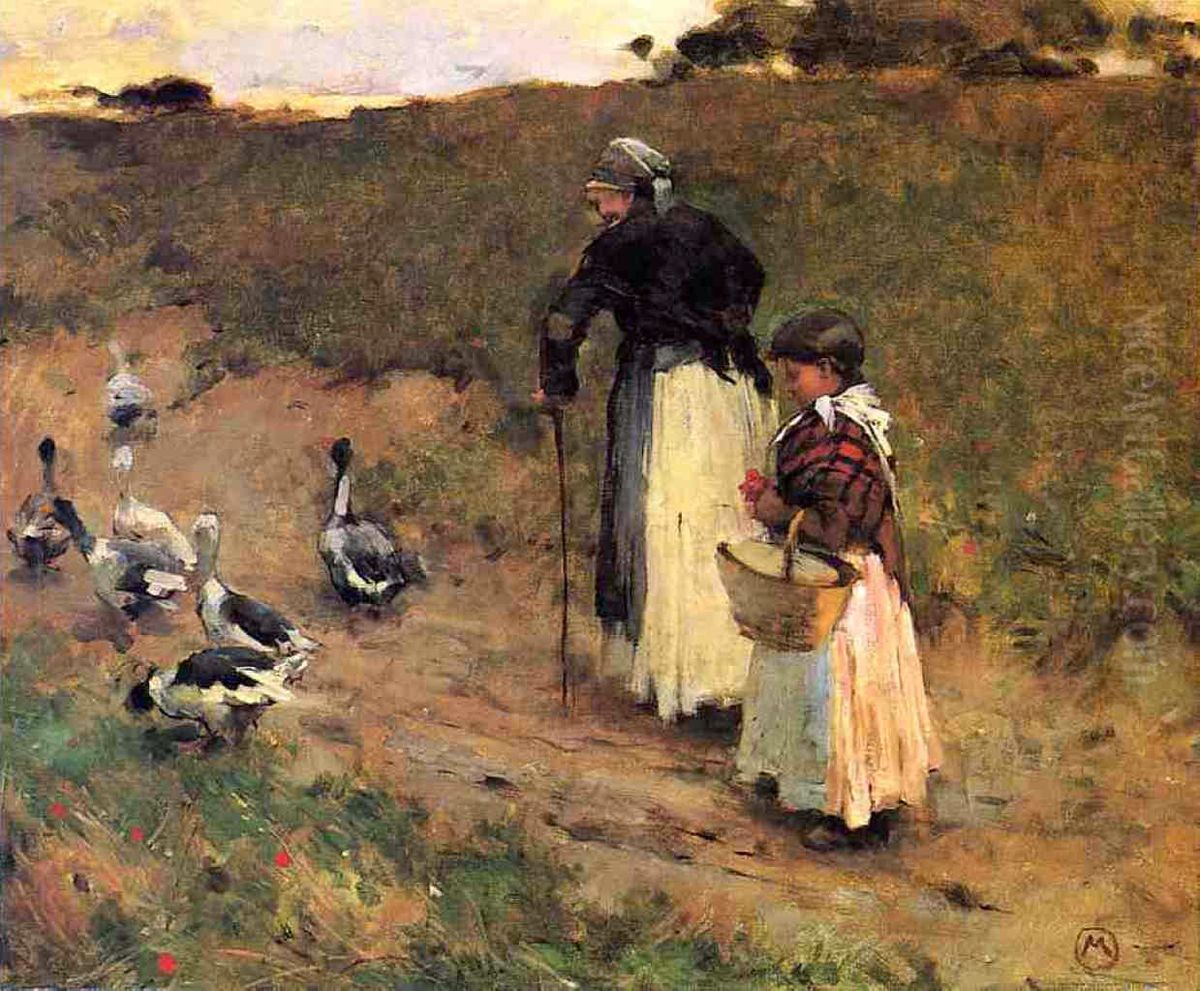 Old woman with child and goose Oil Painting by Willard Metcalf