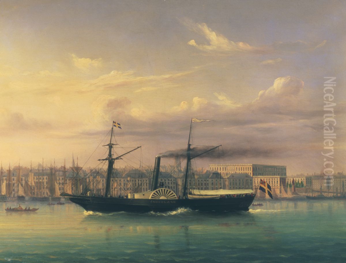 Hjulangfartyget NORRLAND pa Stockholms strom med Skeppsbron och Slottet i bakgrunden. Oil Painting by Per Wilhelm Cedergren