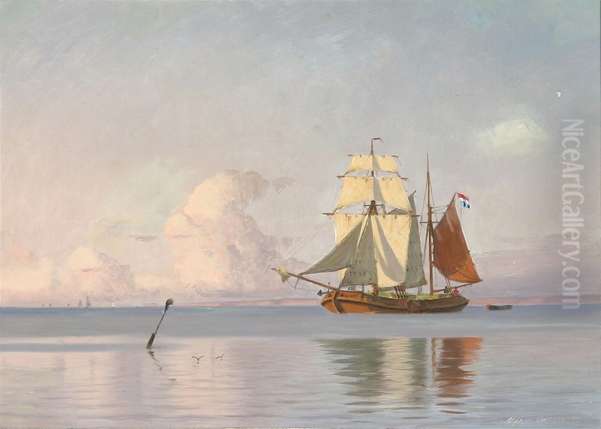 A brigantine of the Netherlands waiting for wind. Oil Painting by Alfred Olsen