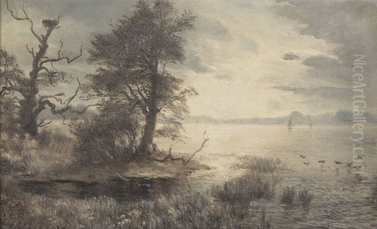 Winter landscape from a lakeshore Oil Painting by Carl Frederik Aagaard
