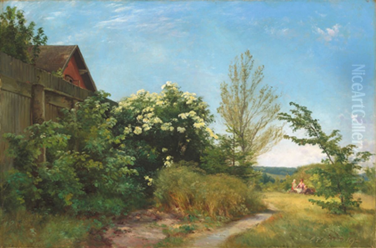 Sommerdag med blomstrende hyld. Oil Painting by Carl Frederik Aagaard