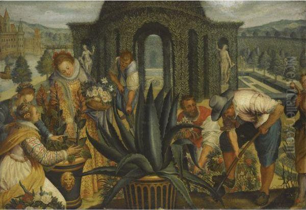 An Allegory Of May: Elegantly Dressed Noble Women And Gardeners In Arenaissance Garden Oil Painting by Peter Candid