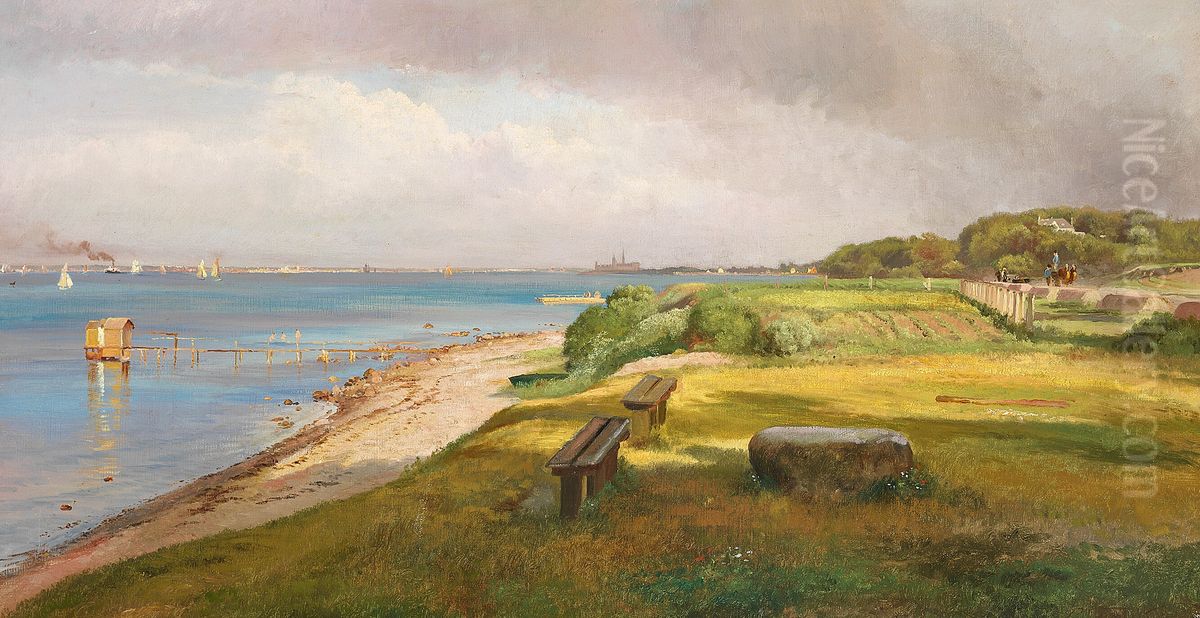 Sailing vessels off the coast North of Kronborg on a summer day. Oil Painting by Carl Frederik Aagaard