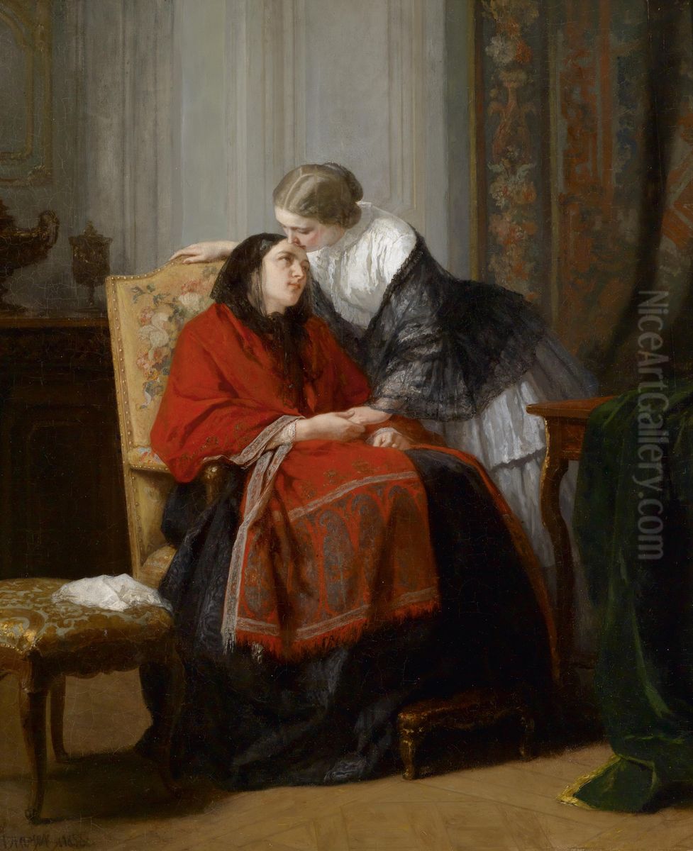 Le baiser Oil Painting by Jean-Baptiste Jules Trayer