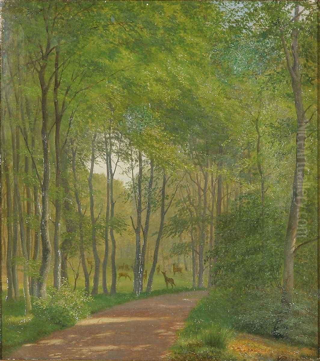 A summer day in Dyrehaven with deer. Oil Painting by Vilhelm Pacht