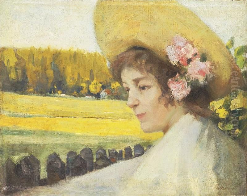 Portrait of a Woman with Hat Oil Painting by Ferenc Paczka