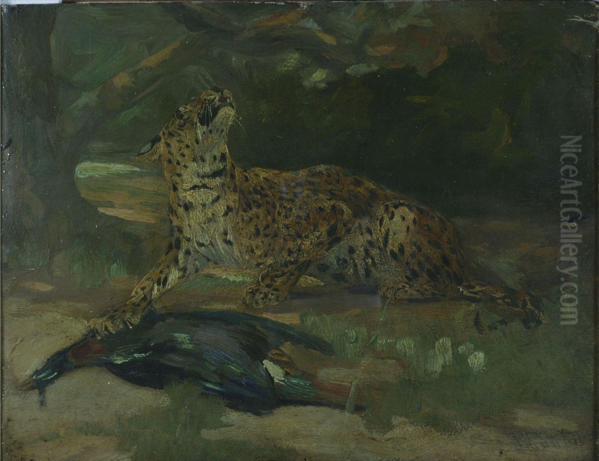 Leopard and Bird Oil Painting by John Macallan Swan