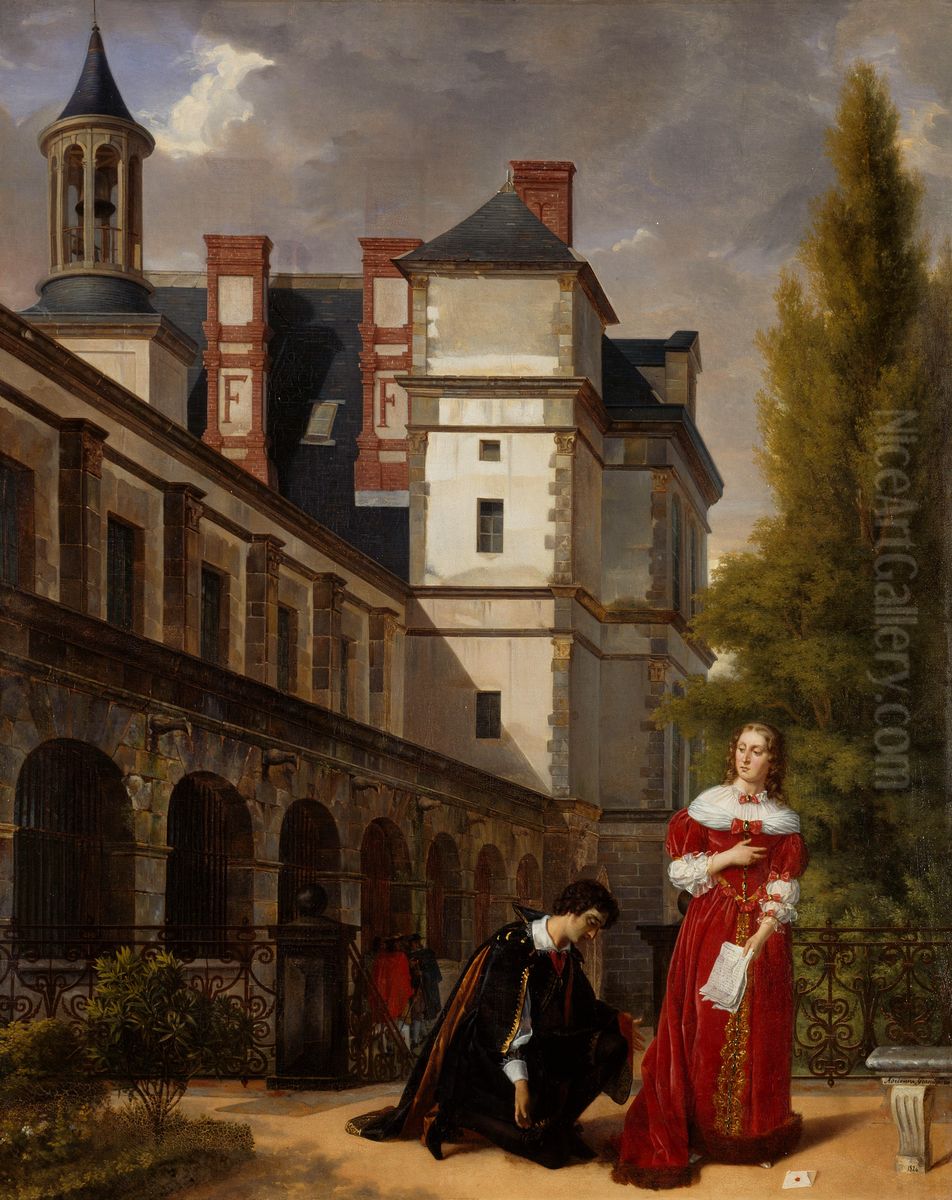 Vue d'une partie du chateau de Fontainebleau. Christine, reine de Suede, fait assassiner son grand ecuyer Monaldeschi. Oil Painting by Adrienne Marie Louise Grandpierre-Deverzy