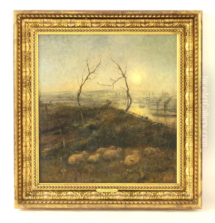 Strayed, Winter moonlight scene with sheep and trees Oil Painting by Cecil Gordon Lawson