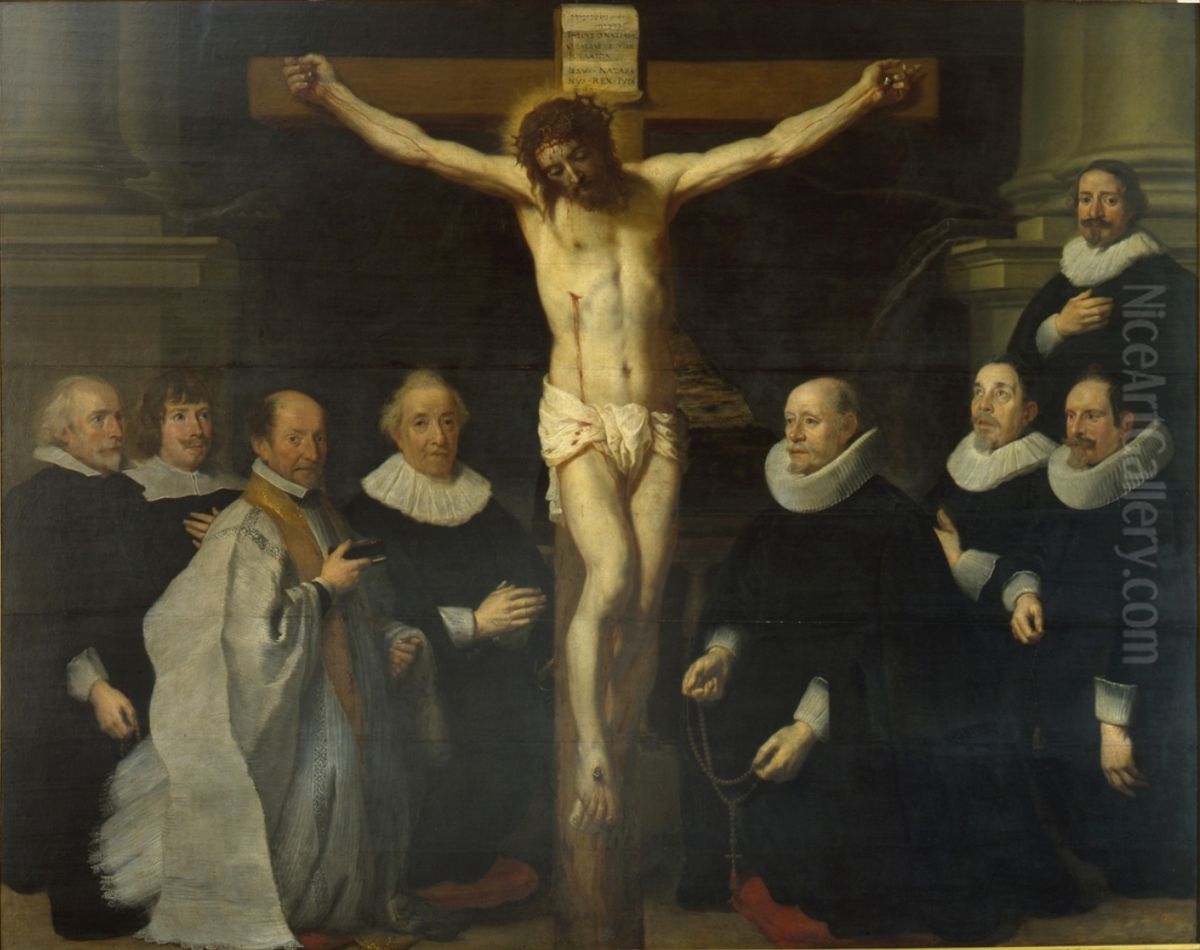 Christ on the cross surrounded by a priest, possibly Jan Mijtens, and provosts of the Grote Begijnhof in Brussel Oil Painting by Gaspar De Crayer