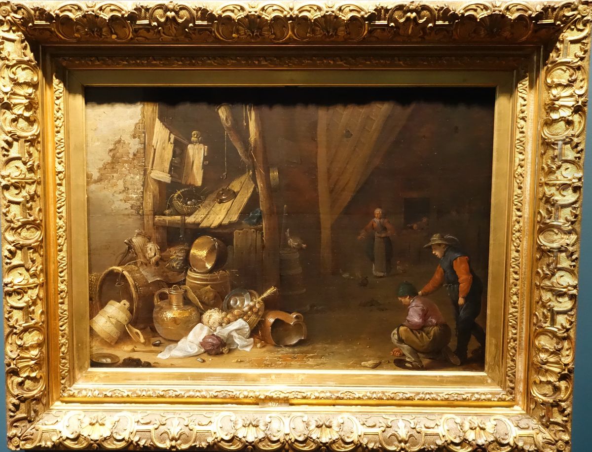 Farmhouse interior with boys playing marbles Oil Painting by Herman Saftleven