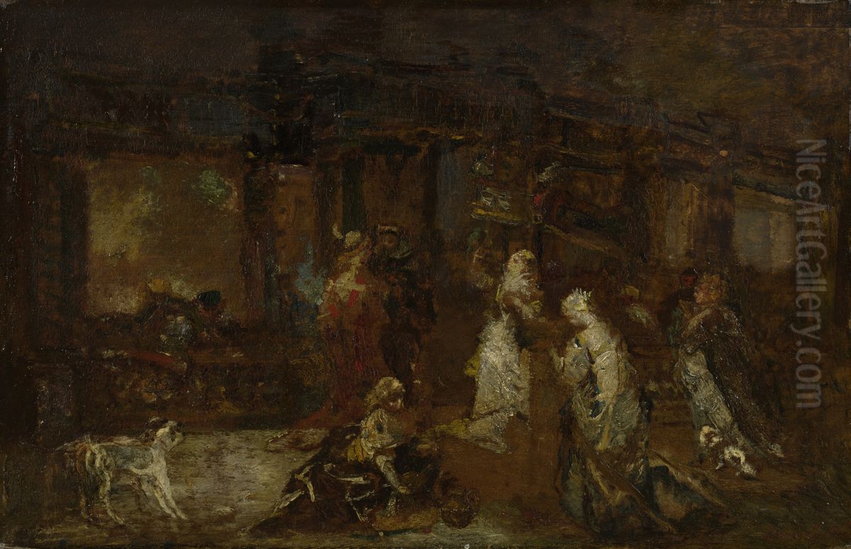 Venetiaanse vrouwen in een park Oil Painting by Adolphe Joseph Thomas Monticelli