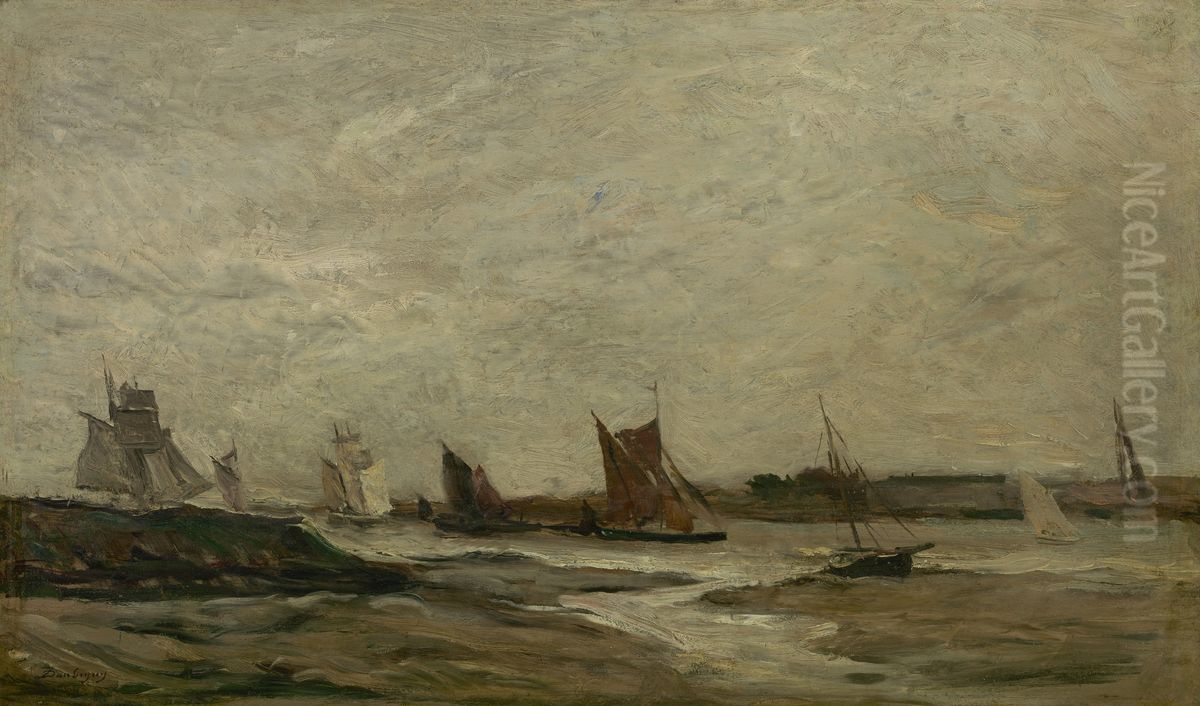 Boten op de Theems Oil Painting by Charles-Francois Daubigny