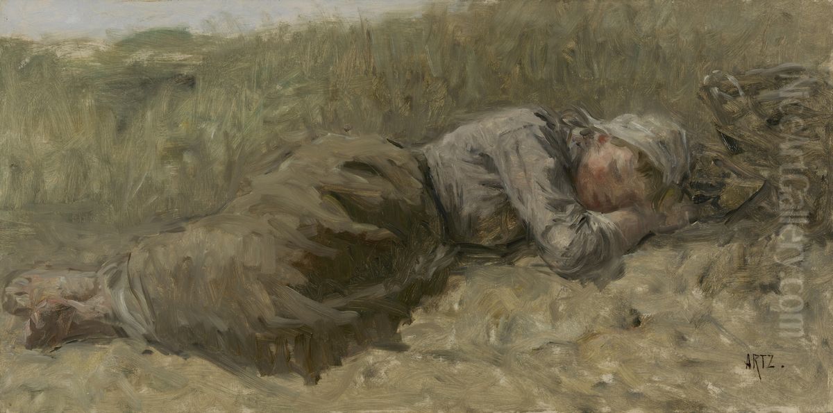 Girl sleeping in the dunes Oil Painting by David Adolph Constanz Artz
