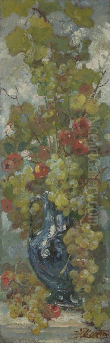 Stilleven met vaas met druiven en sierappels Oil Painting by Willy Martens