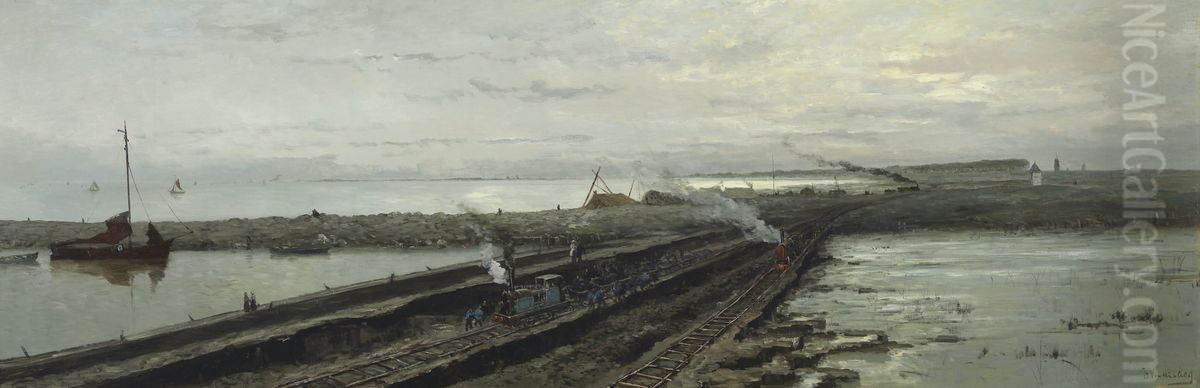 De nieuwe havenwerken te Enkhuizen Oil Painting by Hendrik Willem Mesdag