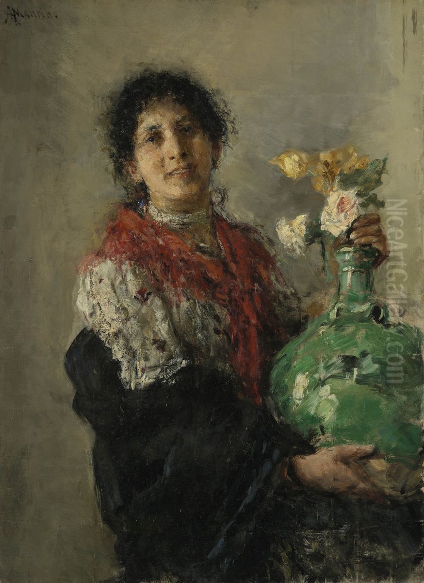 Vrouw met groene vaas Oil Painting by Antonio Mancini