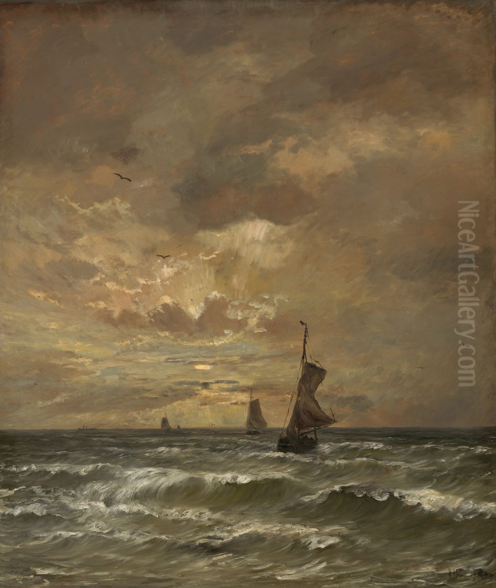 Ondergaande zon met woelige zee Oil Painting by Hendrik Willem Mesdag