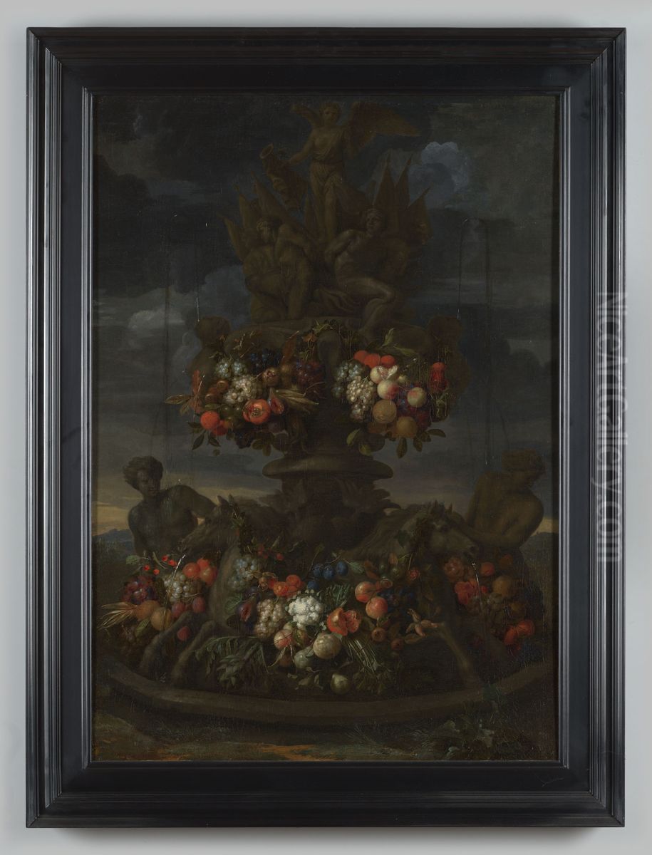 Gebeeldhouwde fontein versierd met takken en vruchtenboeketten Oil Painting by Geldersch Landschap en Kasteelen