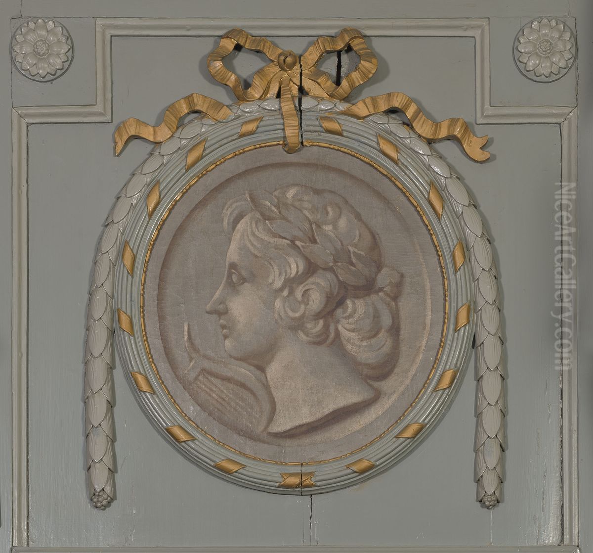 Medaillonvormige grisaille van Apollo Oil Painting by Geldersch Landschap en Kasteelen