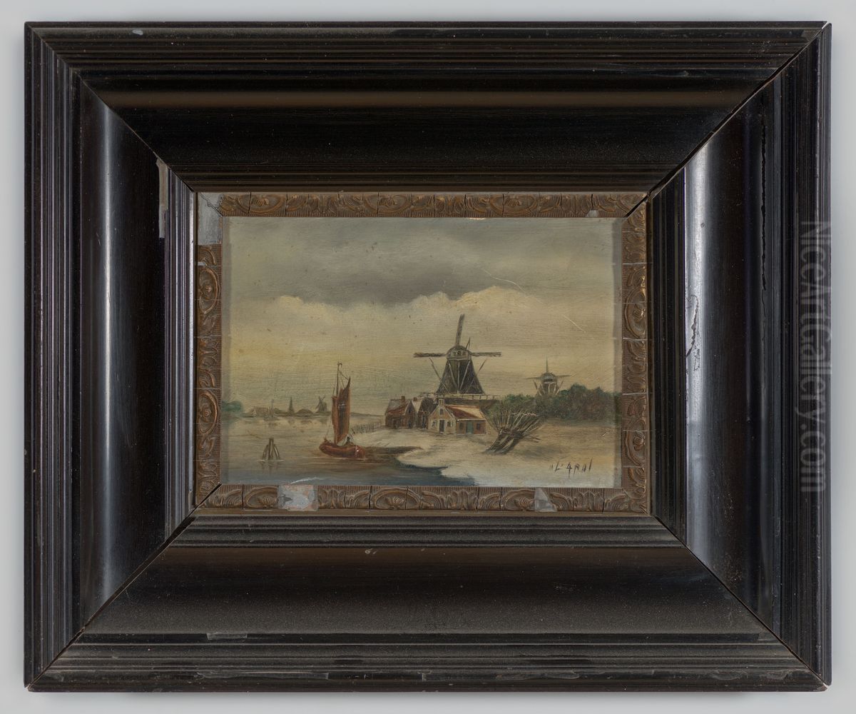 Winterlandschap met molens Oil Painting by Louis Apol