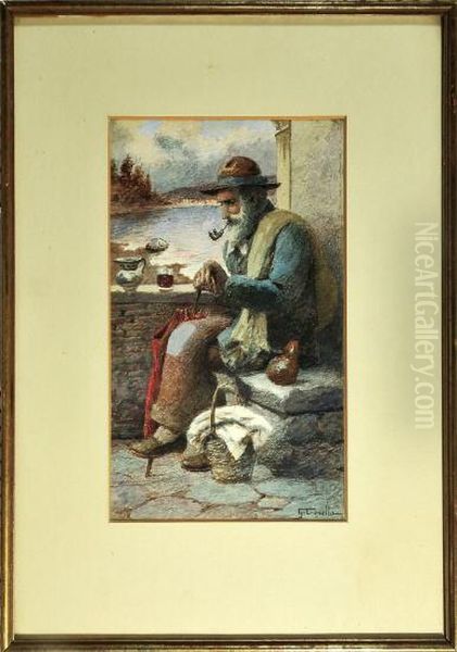 Alterer Mann Mit Pfeife Sitzt Auf Einer Steinbank Oil Painting by Giuseppe Canella