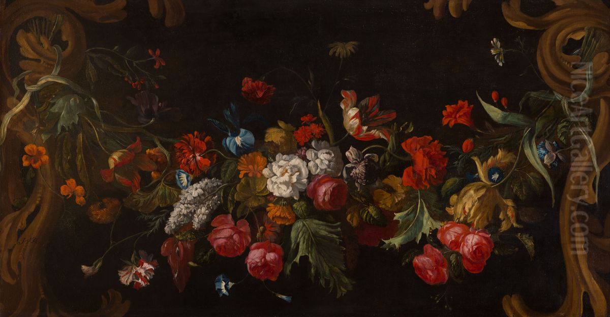 Bovendeurstuk met een bloemguirlande Oil Painting by Justus van Huysum