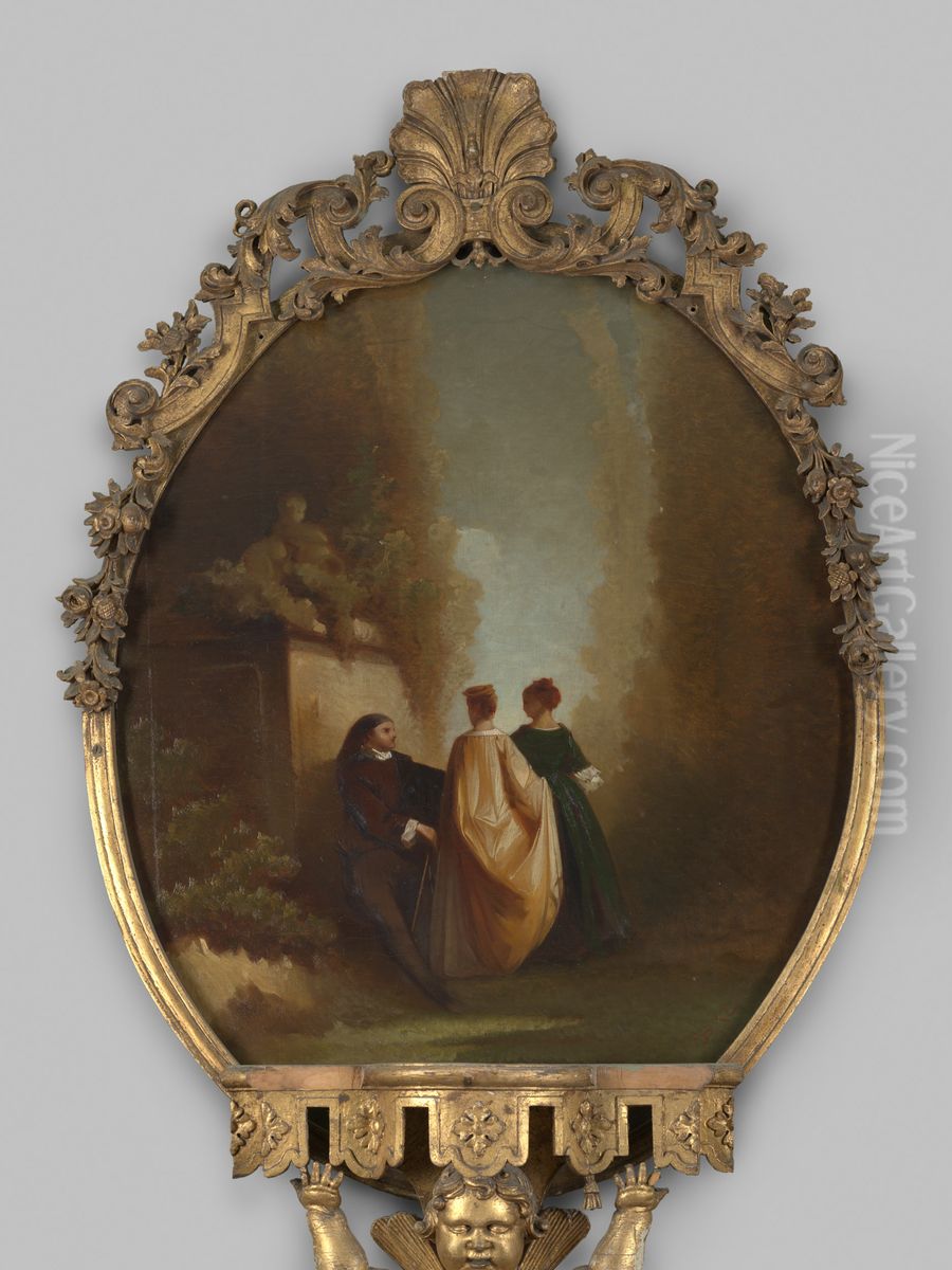 Bovenschouwstuk met drie figuren in een tuin Oil Painting by Geldersch Landschap en Kasteelen