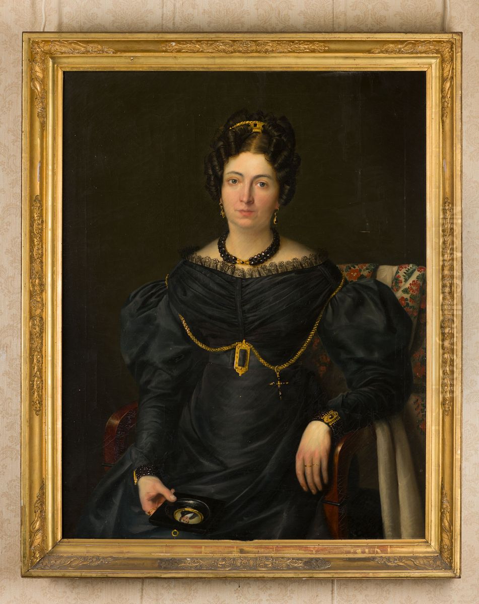 Portrait of Maria Catharina Petronella Langlois (1787-1873), in her right hand a miniature portrait of her husband, Franciscus Bartholomeus Hollingerus Pijpers Oil Painting by Petrus van Schendel