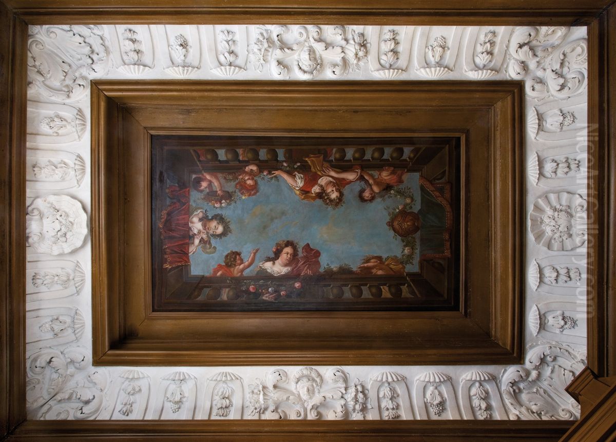 Plafondstuk met figuren hangend over een balustrade Oil Painting by Geldersch Landschap en Kasteelen