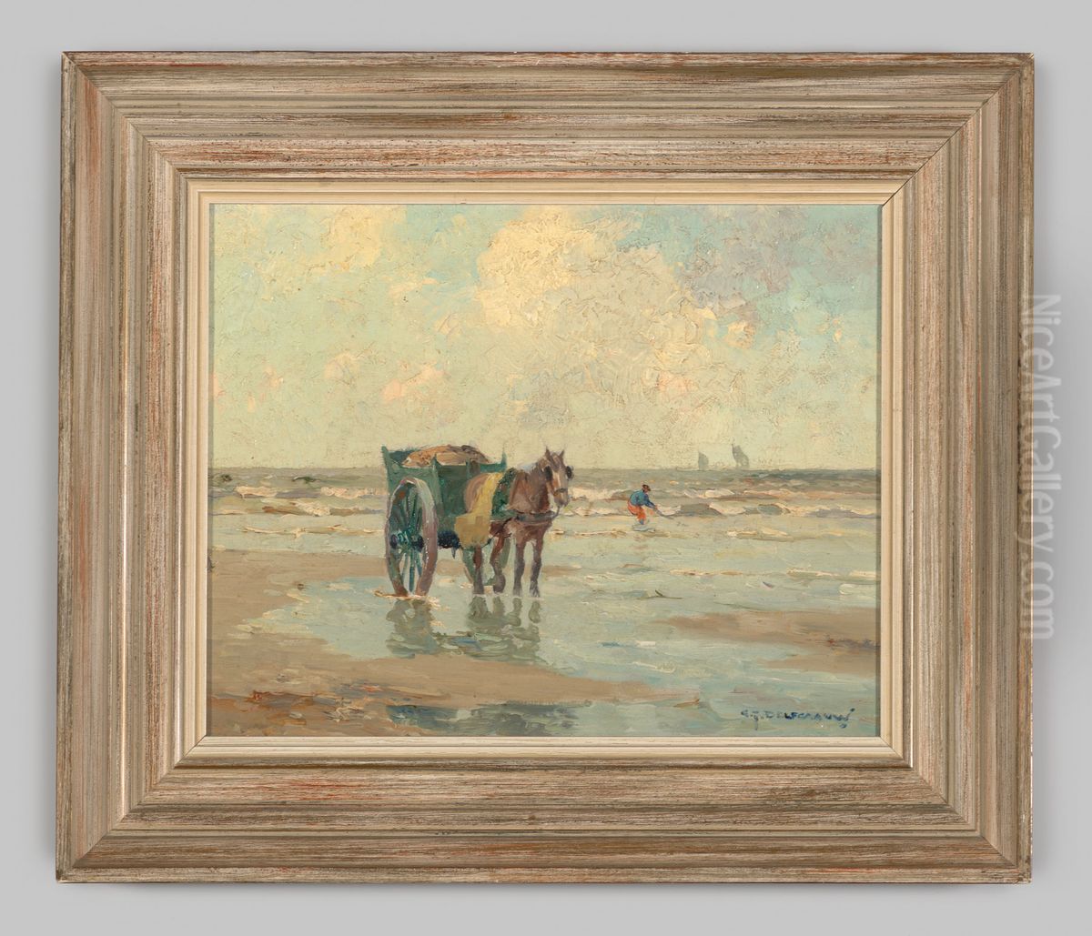 Strandgezicht met een schelpenvisser Oil Painting by Gerardus Jacobus Delfgaauw