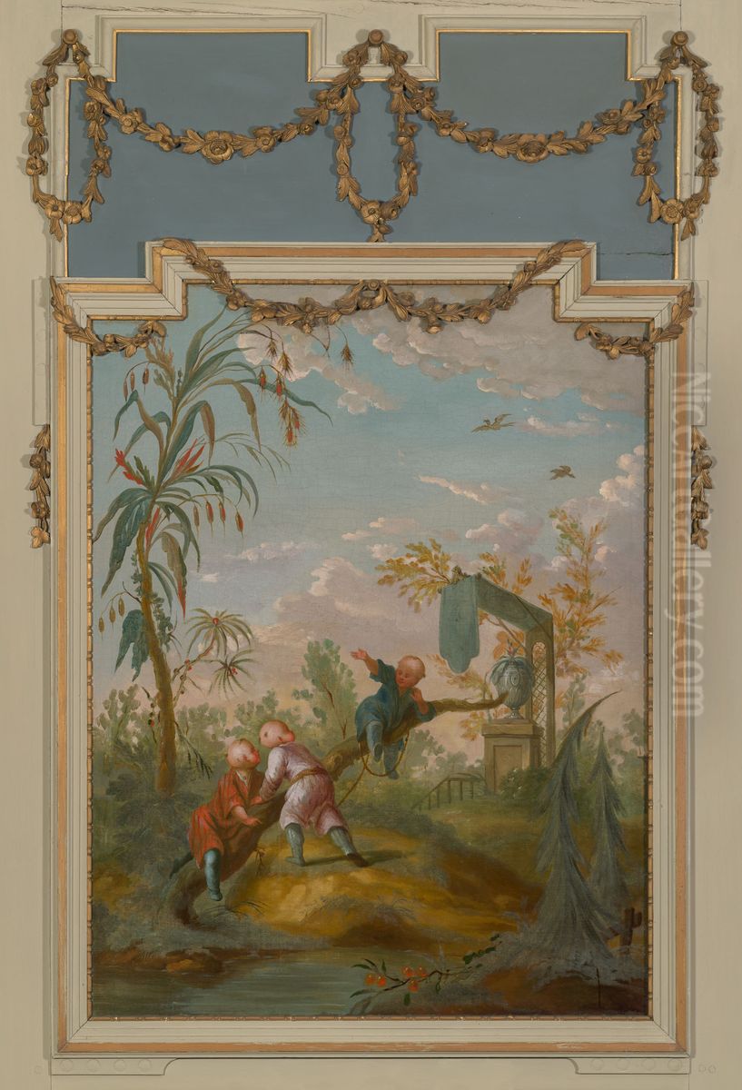 Schoorsteenstuk met drie figuren op een boomstam Oil Painting by Geldersch Landschap en Kasteelen