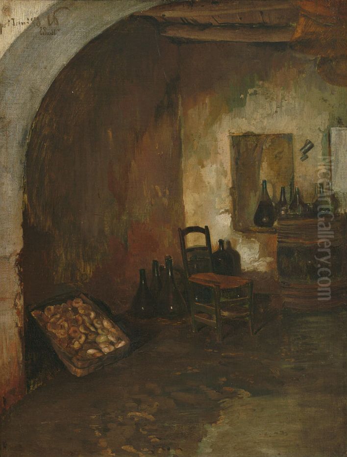 Blick in einen Gewolbekeller mit zahlreichen Karaffen und Gemuse Oil Painting by Ernst te Peerdt