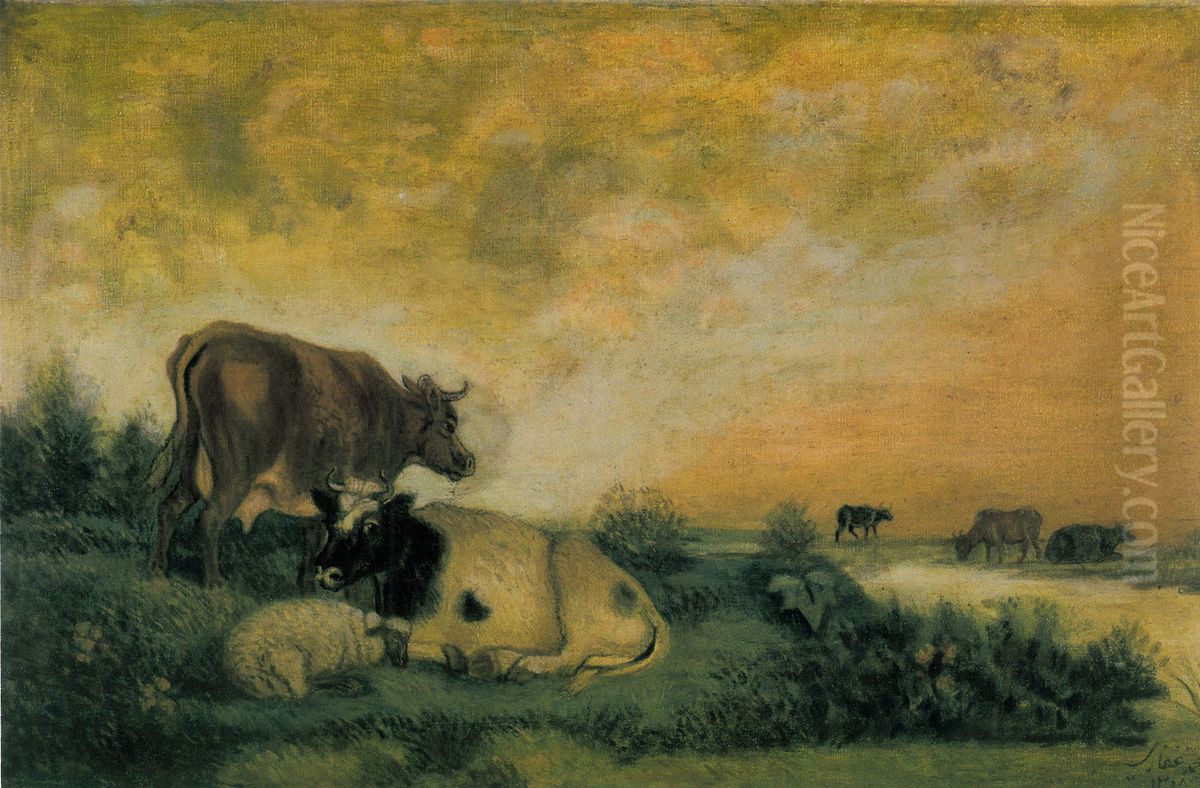 Meadow and Cows Oil Painting by Kamal-ol-molk