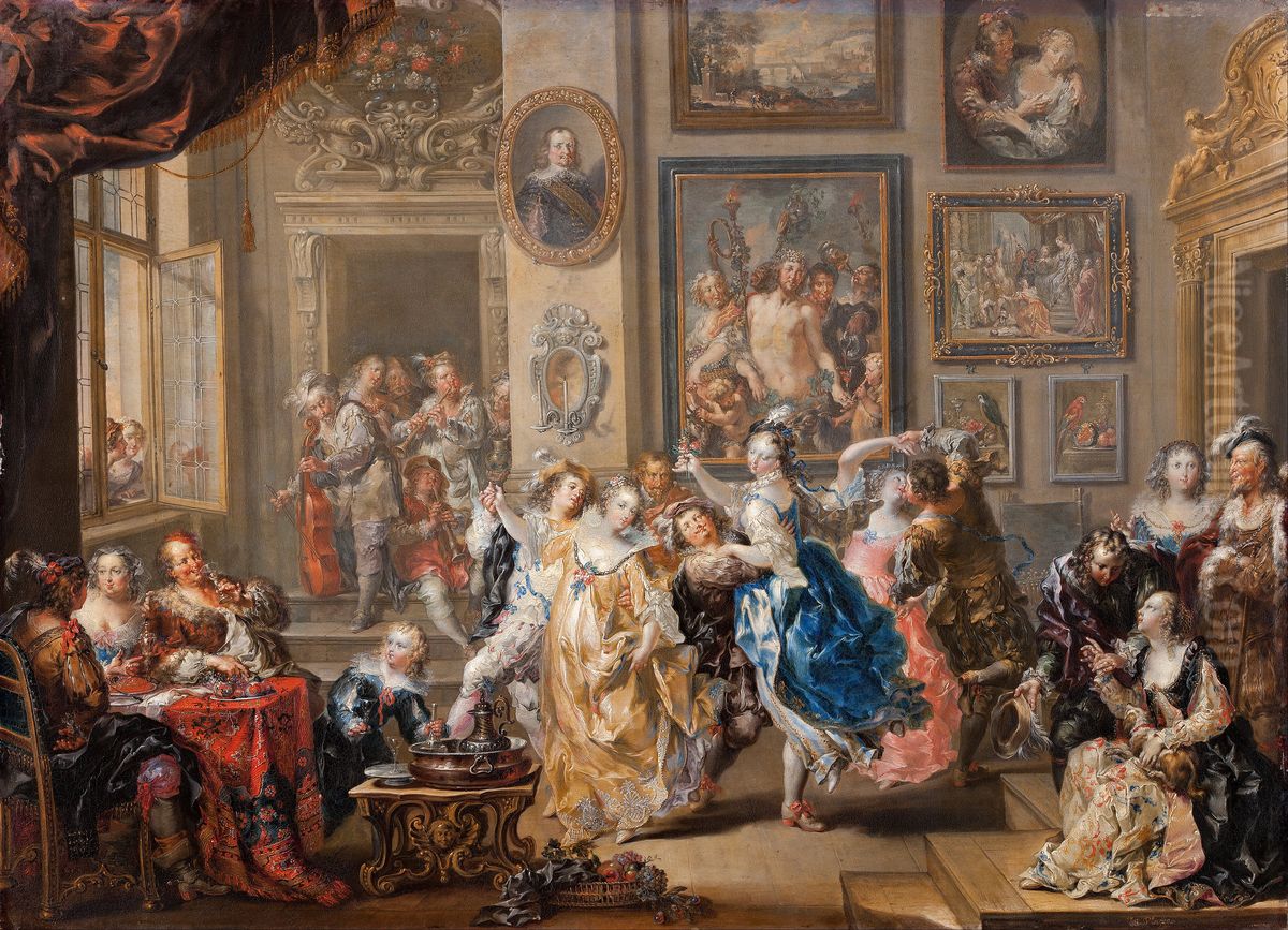 Dancing scene with palace interior Oil Painting by Johann Georg Platzer