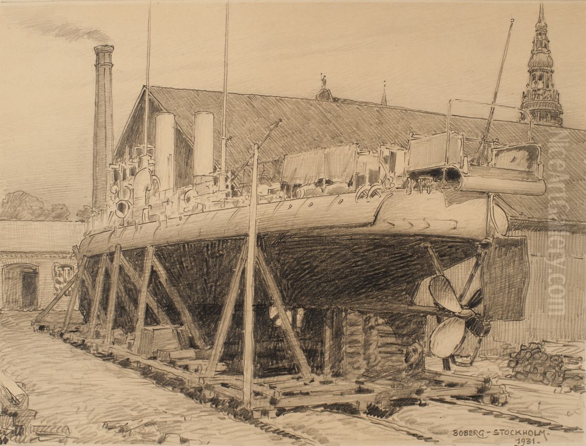 Torpedbat pa slipen pa Galarvarvet i Stockholm. Oil Painting by Ferdinand Boberg