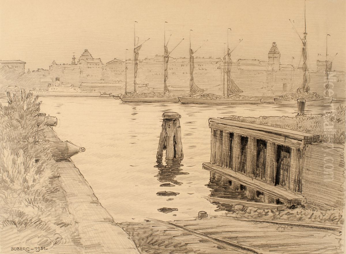 Torpedbatsslipen pa Galarvarvet i Stockholm. Oil Painting by Ferdinand Boberg