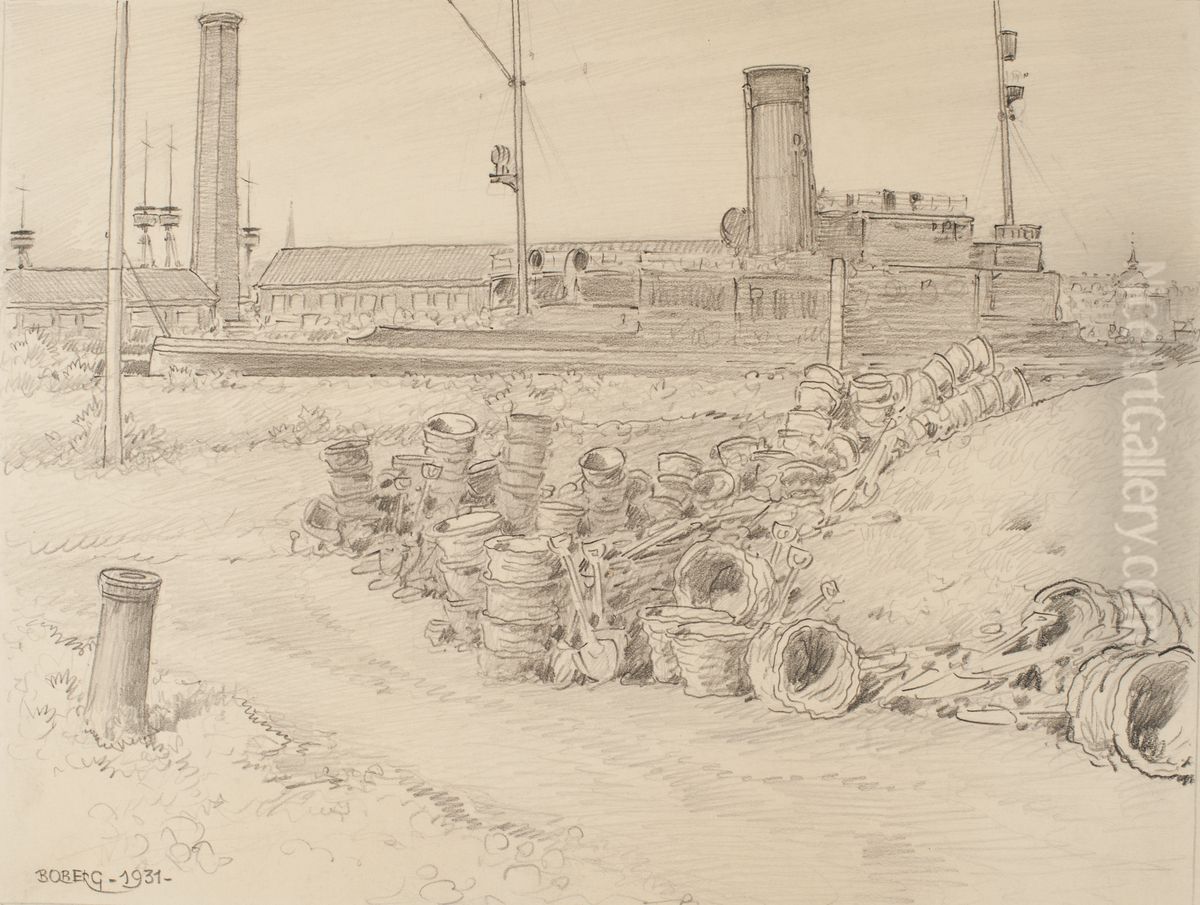 Pansarbat i dockan pa Galarvarvet i Stockholm. Oil Painting by Ferdinand Boberg