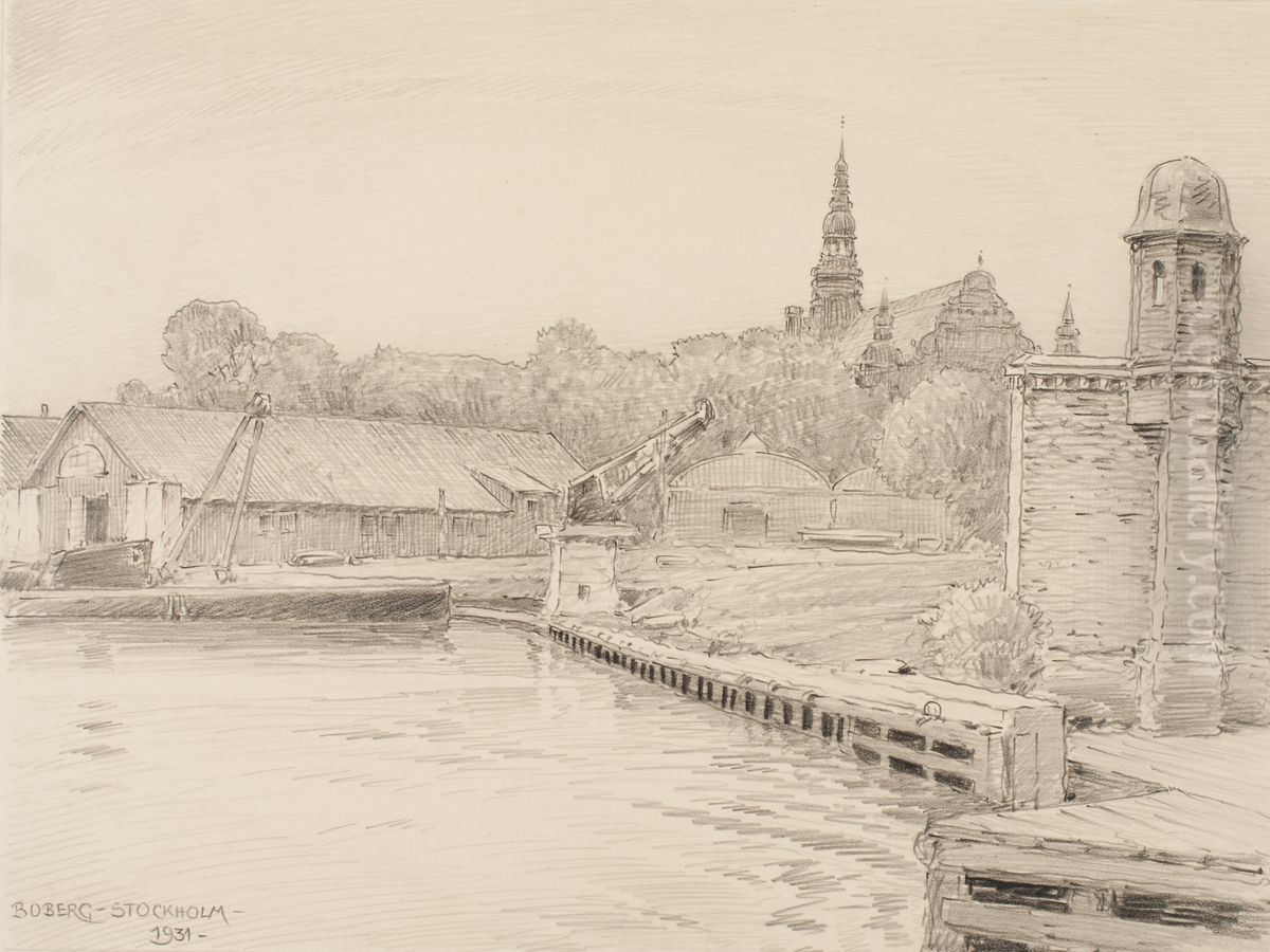 Ubatskajen, varvsmuren pa Galarvarvet i Stockholm. Oil Painting by Ferdinand Boberg