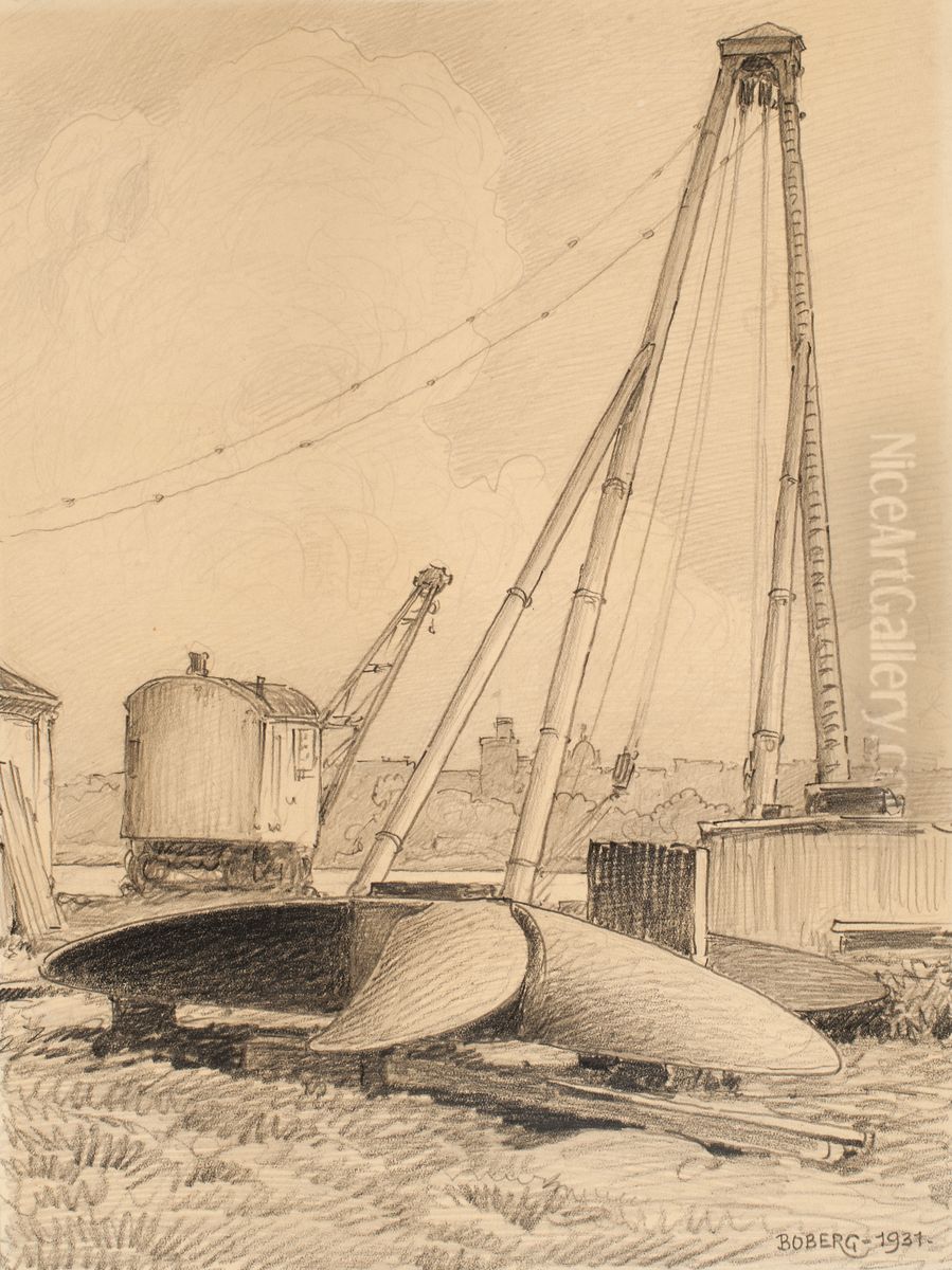 Stora mastkranen pa Galarvarvet i Stockholm. Oil Painting by Ferdinand Boberg