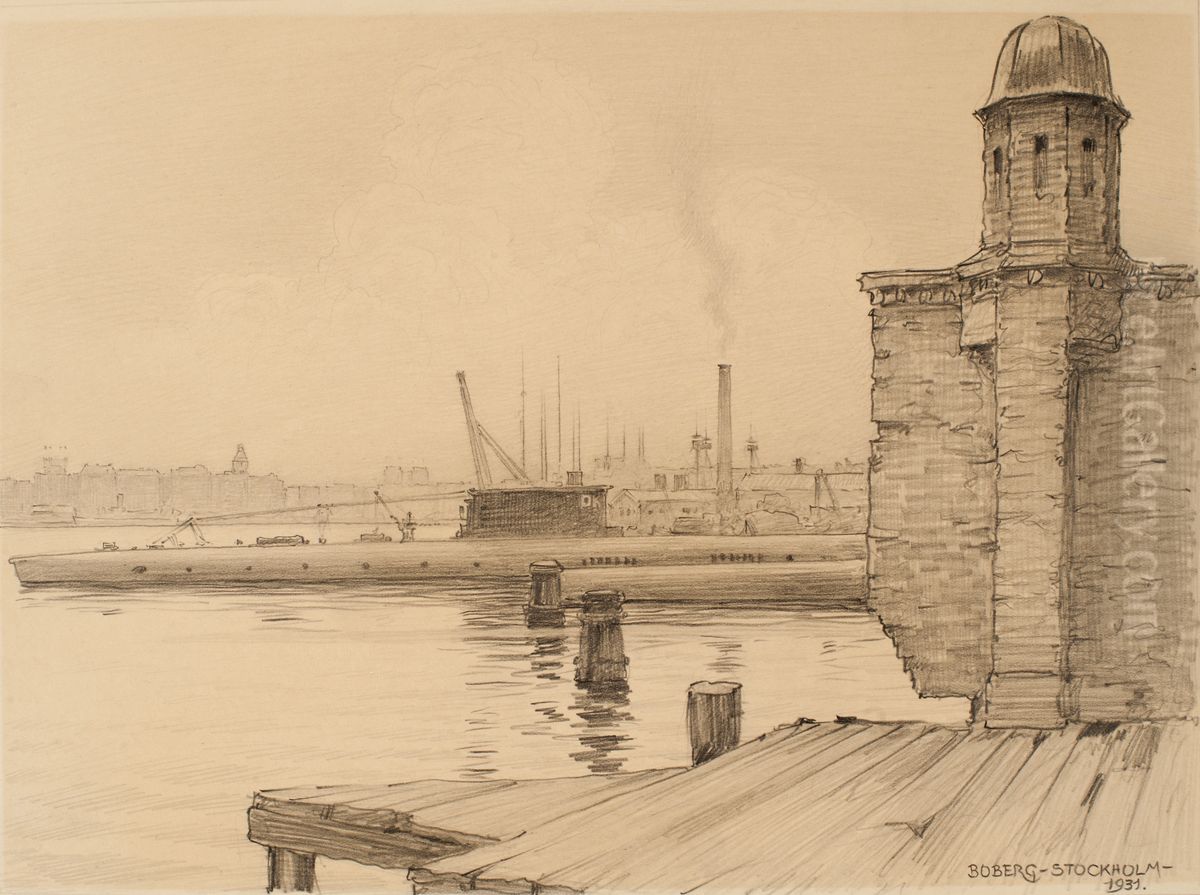 Varvsmuren vid Alkarret pa Galarvarvet i Stockholm . Oil Painting by Ferdinand Boberg