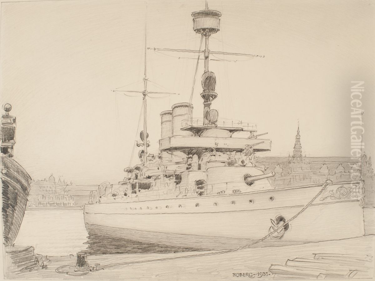 Pansarskepp vid Skeppsholmskajen. Oil Painting by Ferdinand Boberg