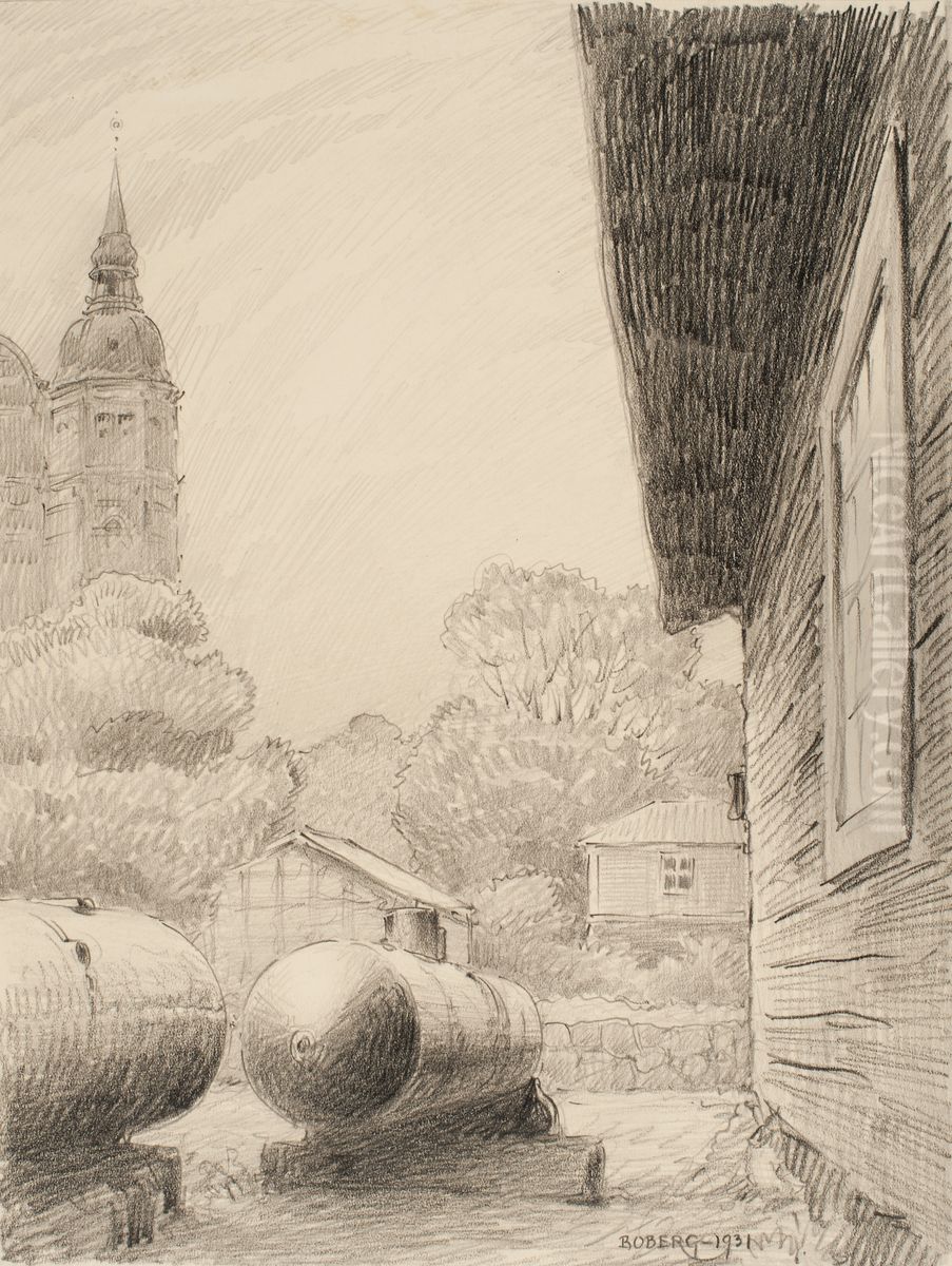 Ubatspontoner pa Galarvarvet i Stockholm. Oil Painting by Ferdinand Boberg