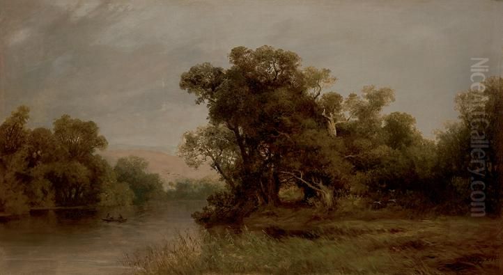 Riverside with a Boat Oil Painting by Karoly Telepy