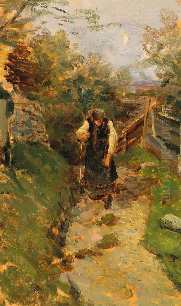 Study of a peasant woman returning home Oil Painting by Olga Wisinger-Florian