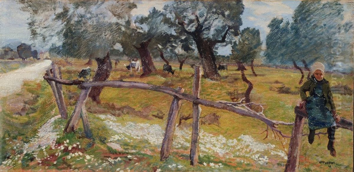 Olive grove with peasant girl and buffaloes Oil Painting by Mario Puccini