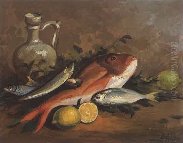 Still Life and Fish. Oil Painting by Moustafa Farroukh