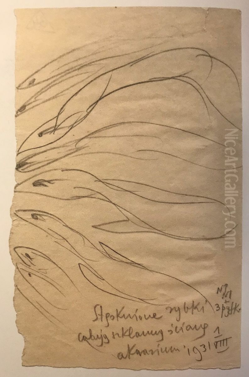 Longing fish kiss the glass wall of the aquarium Oil Painting by Stanislaw Ignacy Witkiewicz (Witkacy)